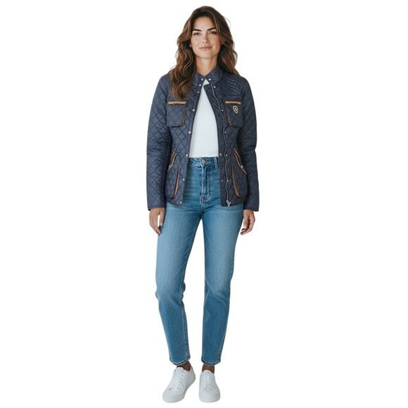 Piel de Toro Sevilla Quilted Utility barn Jacket Navy & Tan leather trim size xl - Picture 3 of 12